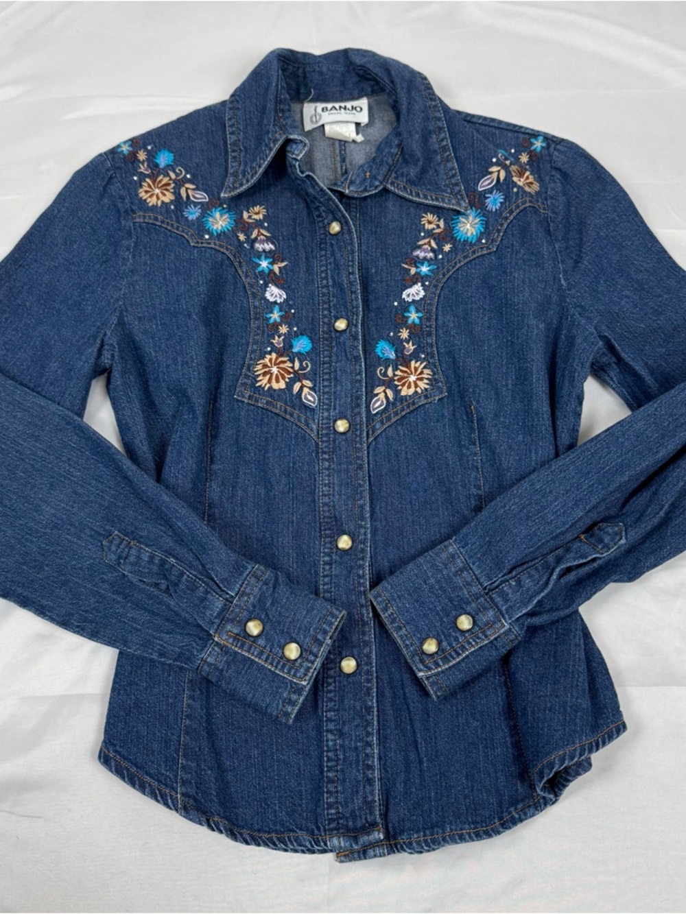 Banjo Embroidered Denim Shirt Western Floral Snap Button Blue Size S